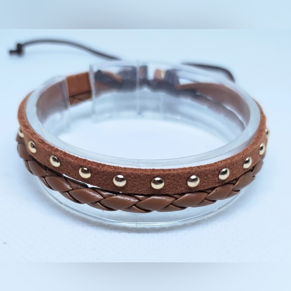 Men's Bracelet Leather Braided Layered Brown New f67